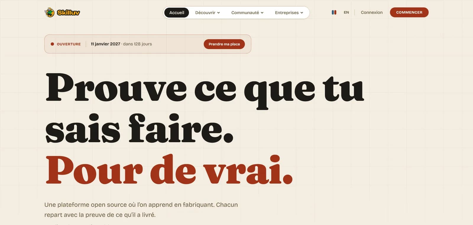 Skilluv home page: the opening date, a two-part headline and what the platform promises.