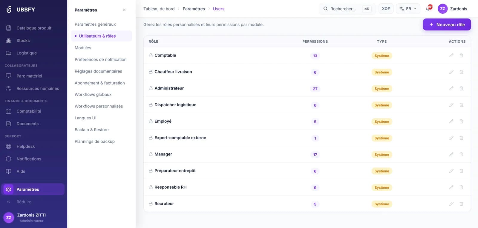 UBBFY roles screen: ten roles, each with its permission count and its type, and a button to create another.
