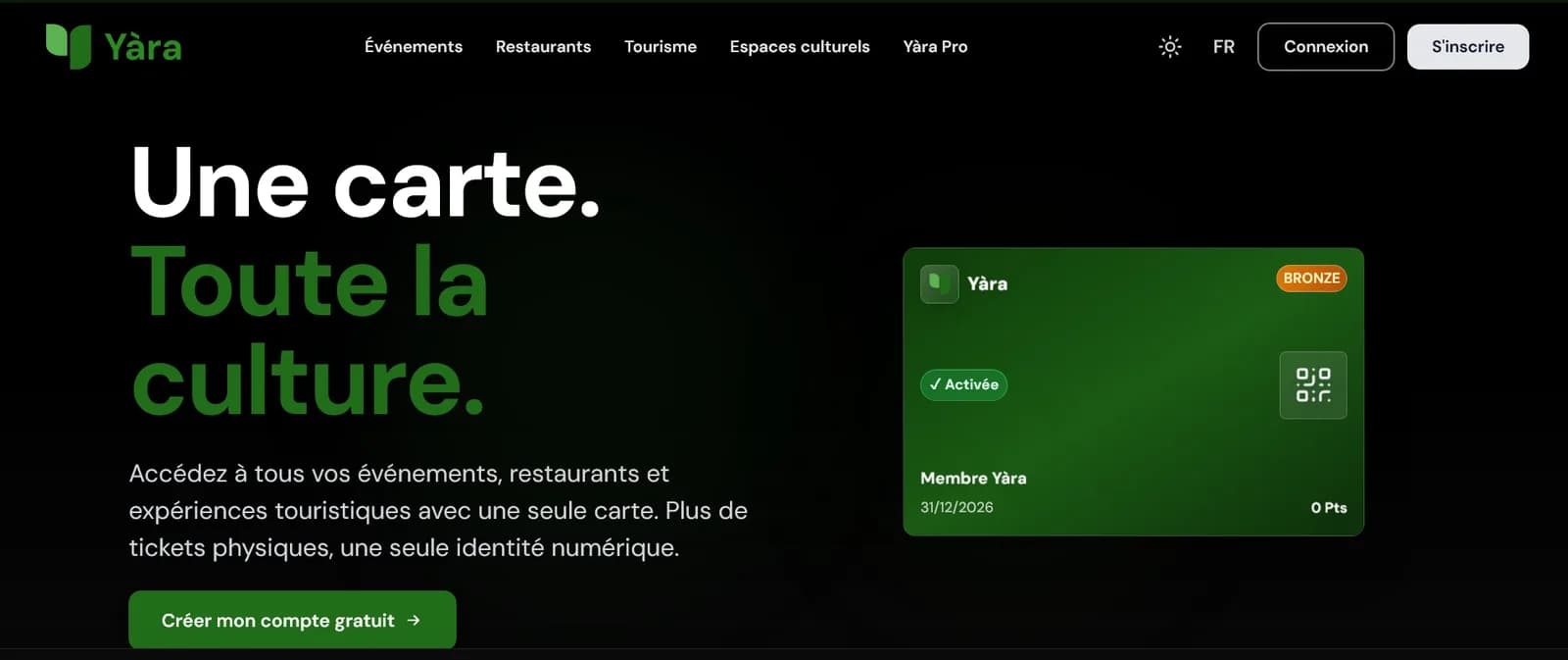 Yàra home page: the headline “One card. All of the culture.” and the digital membership card with its code, tier and expiry.